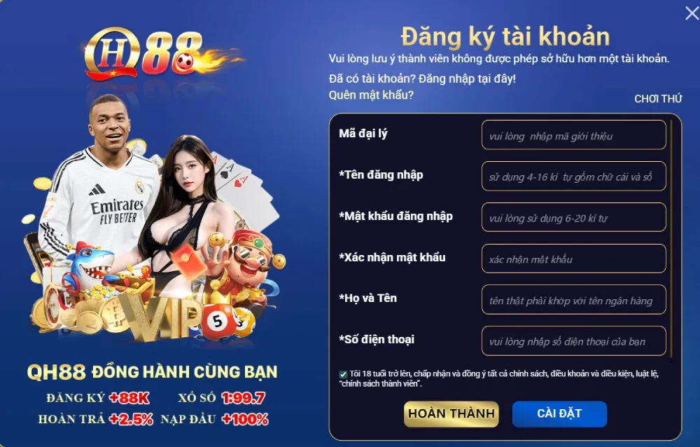 Người chơi đăng ký lần đầu tại QH88 sẽ nhận 100% khoản nạp đầu